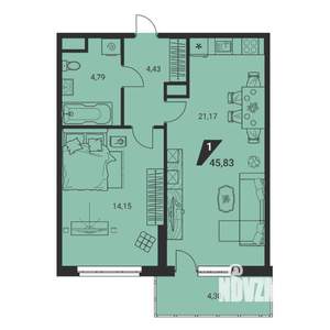 1-к квартира, вторичка, 46м2, 25/25 этаж
