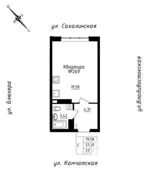 Студия квартира, строящийся дом, 27м2, 23/25 этаж