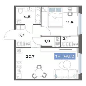 1-к квартира, строящийся дом, 46м2, 3/17 этаж