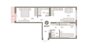2-к квартира, вторичка, 65м2, 3/25 этаж