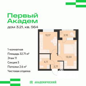 1-к квартира, вторичка, 33м2, 11/25 этаж