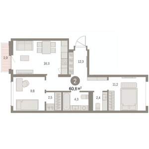2-к квартира, вторичка, 61м2, 8/8 этаж