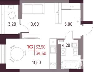 1-к квартира, строящийся дом, 33м2, 14/25 этаж