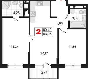 2-к квартира, вторичка, 64м2, 9/25 этаж