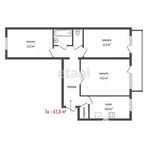 3-к квартира, вторичка, 64м2, 1/9 этаж
