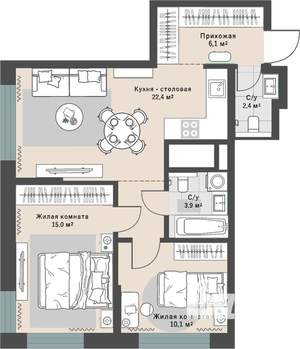 2-к квартира, вторичка, 63м2, 13/29 этаж