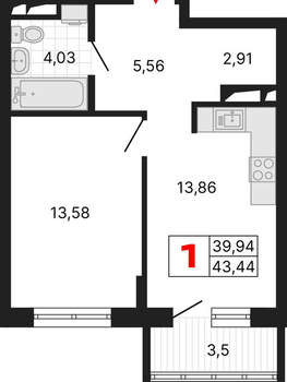 1-к квартира, вторичка, 43м2, 7/25 этаж