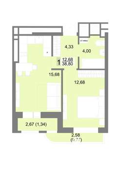 1-к квартира, строящийся дом, 39м2, 17/22 этаж