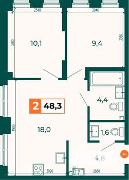 2-к квартира, строящийся дом, 48м2, 4/25 этаж