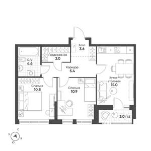 2-к квартира, строящийся дом, 55м2, 9/15 этаж