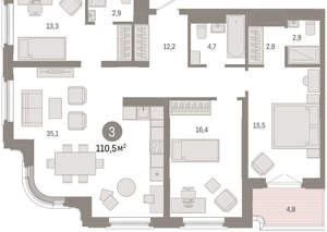 3-к квартира, вторичка, 111м2, 7/24 этаж