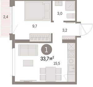 1-к квартира, вторичка, 34м2, 9/9 этаж