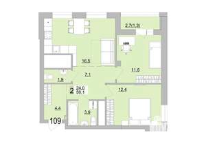 2-к квартира, вторичка, 59м2, 16/24 этаж