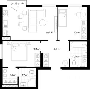 2-к квартира, строящийся дом, 62м2, 6/24 этаж