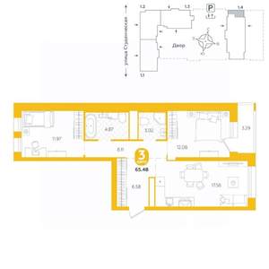 3-к квартира, строящийся дом, 65м2, 23/25 этаж
