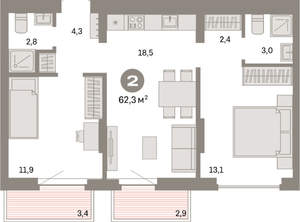 2-к квартира, вторичка, 62м2, 7/16 этаж