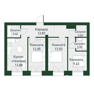3-к квартира, вторичка, 69м2, 1/4 этаж