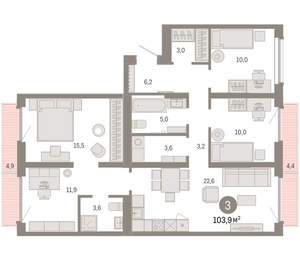 3-к квартира, вторичка, 104м2, 9/9 этаж