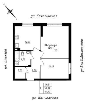2-к квартира, строящийся дом, 55м2, 3/25 этаж