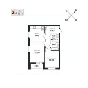 2-к квартира, строящийся дом, 56м2, 19/21 этаж