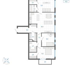 3-к квартира, вторичка, 97м2, 7/32 этаж