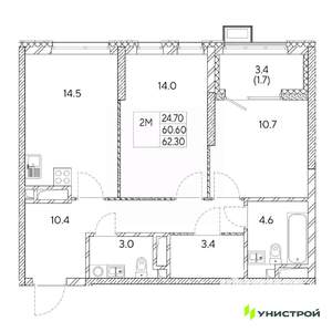 2-к квартира, вторичка, 62м2, 20/31 этаж