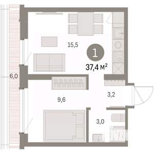 1-к квартира, вторичка, 37м2, 8/9 этаж