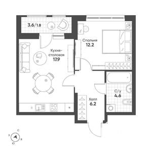 1-к квартира, строящийся дом, 43м2, 3/15 этаж