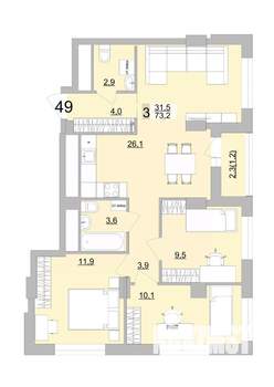 3-к квартира, вторичка, 73м2, 9/24 этаж