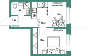 2-к квартира, строящийся дом, 30м2, 11/25 этаж