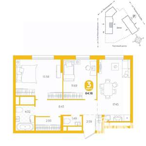 3-к квартира, вторичка, 64м2, 19/24 этаж