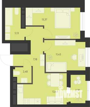 2-к квартира, вторичка, 55м2, 13/22 этаж