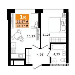 1-к квартира, строящийся дом, 37м2, 3/25 этаж