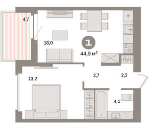 1-к квартира, вторичка, 45м2, 6/16 этаж