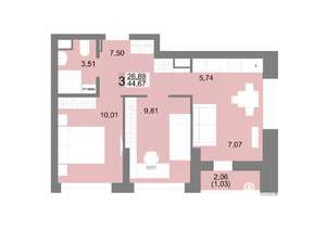 3-к квартира, вторичка, 45м2, 16/27 этаж