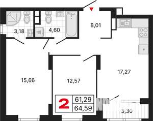 2-к квартира, вторичка, 64м2, 22/31 этаж