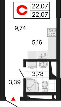 Студия квартира, вторичка, 22м2, 6/25 этаж