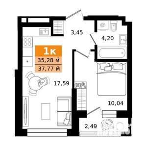1-к квартира, строящийся дом, 38м2, 20/25 этаж