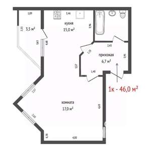 1-к квартира, вторичка, 46м2, 8/15 этаж