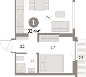 1-к квартира, вторичка, 33м2, 8/9 этаж