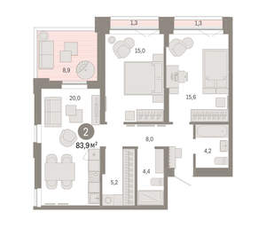 2-к квартира, вторичка, 84м2, 16/16 этаж