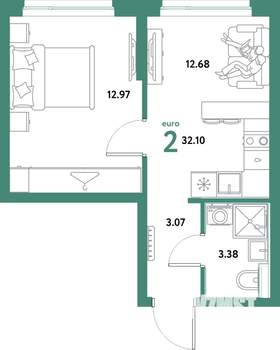 2-к квартира, строящийся дом, 32м2, 22/31 этаж