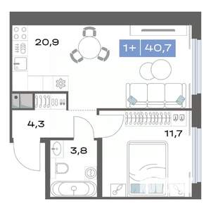 1-к квартира, строящийся дом, 41м2, 3/17 этаж