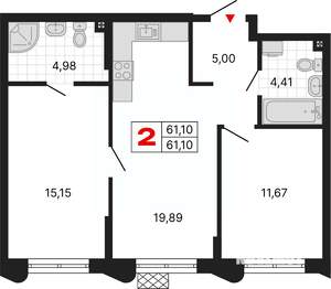 2-к квартира, вторичка, 61м2, 2/25 этаж