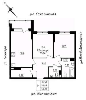 2-к квартира, вторичка, 58м2, 19/25 этаж