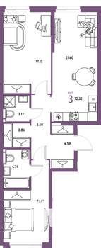 3-к квартира, строящийся дом, 72м2, 8/24 этаж