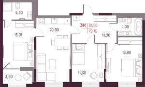 3-к квартира, вторичка, 80м2, 10/25 этаж