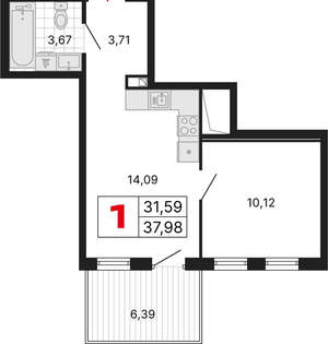 1-к квартира, вторичка, 38м2, 1/25 этаж
