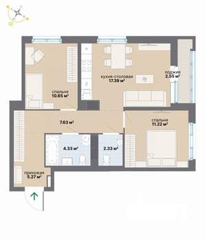 2-к квартира, вторичка, 61м2, 8/9 этаж