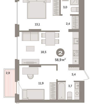 2-к квартира, вторичка, 59м2, 5/9 этаж